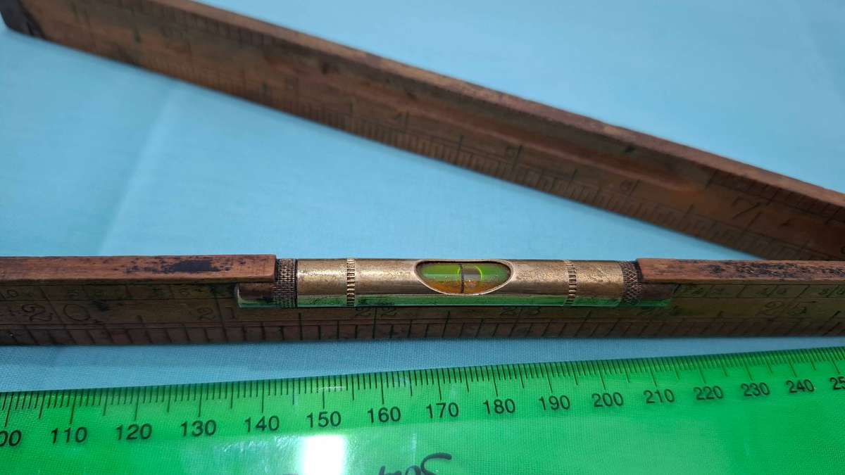 Antique J Rabone & Sons No 1190 Folding Ruler with Brass fittings and Brass Sprirt Level