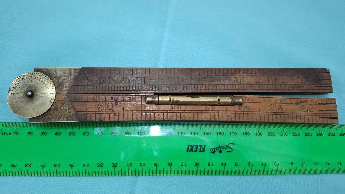 Antique J Rabone & Sons No 1190 Folding Ruler with Brass fittings and Brass Sprirt Level