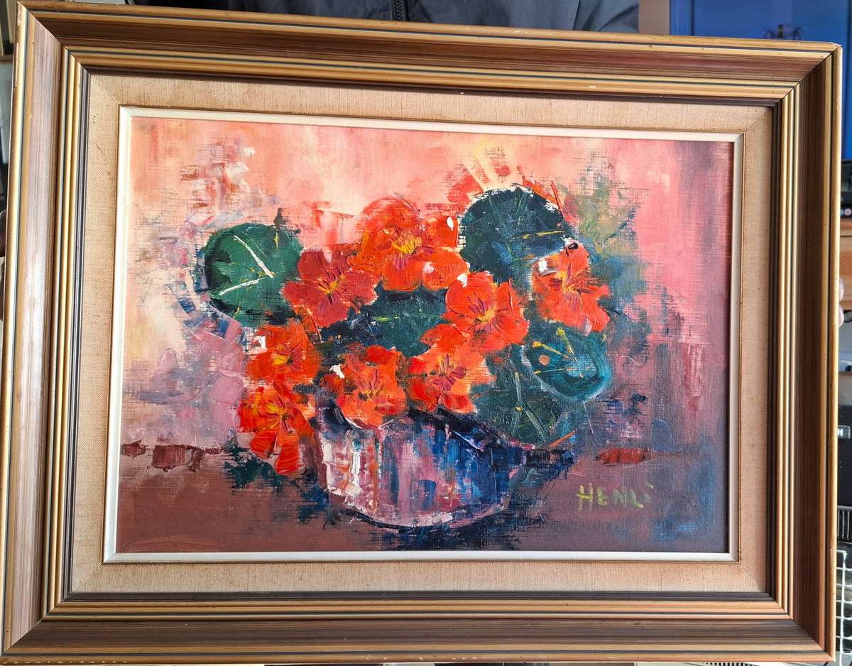 Stunning Oil on Board "Flowers in Brass Pot" by Artist Henli in Good Condition- See Information