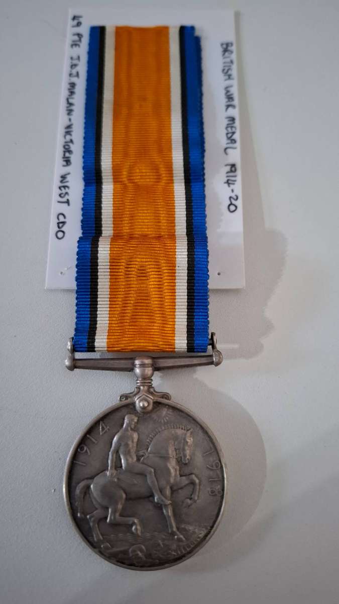 Silver WW 1 British War Medal 1914-20 Awarded to PTE J.D.J Malan-Victoria West CDO in Good Condition