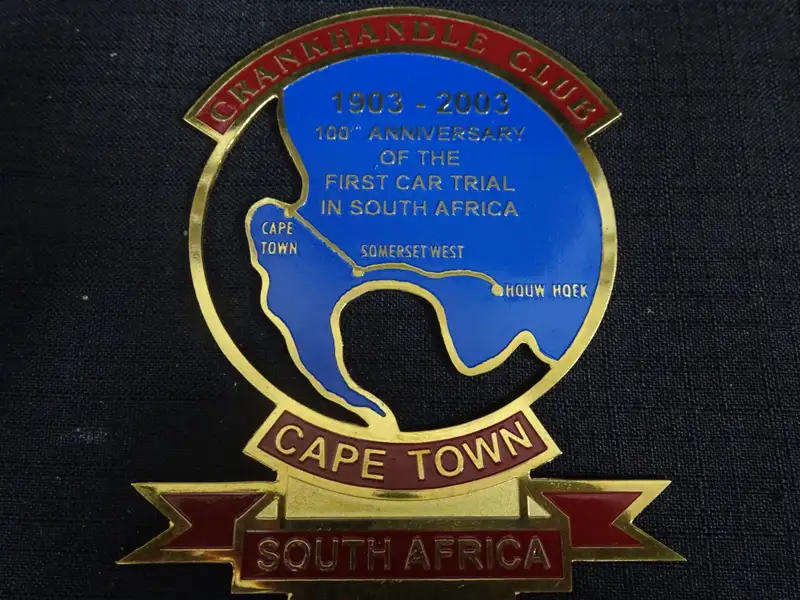 Crankhandle Club Cape Town South Africa 1903 - 2003 Car Badge (H - 15cm / B - 9cm)