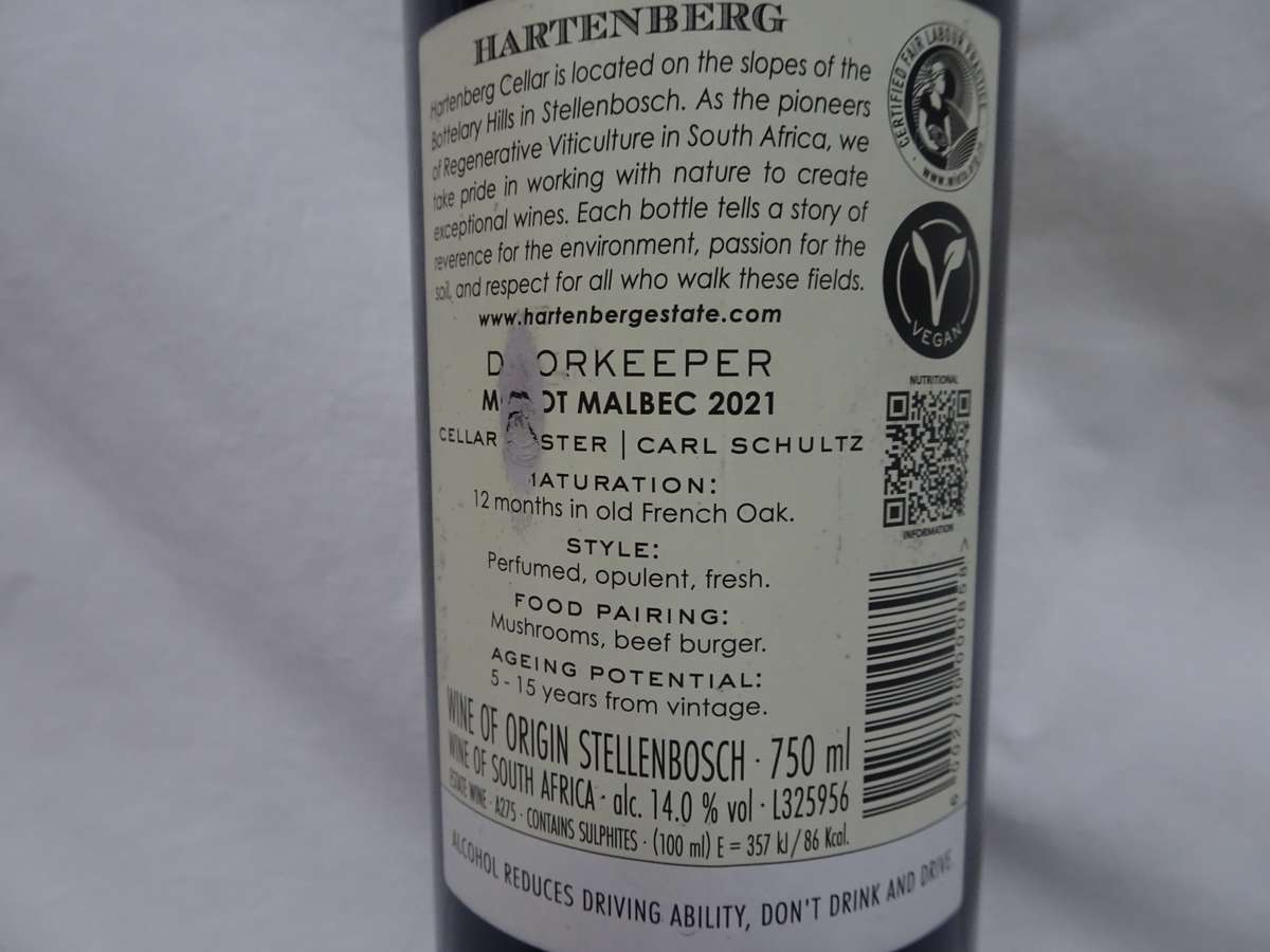 Sealed 750ml Bottle Of Hartenberg Doorkeeprt Merlot Malbec 2021 Wine - See Description