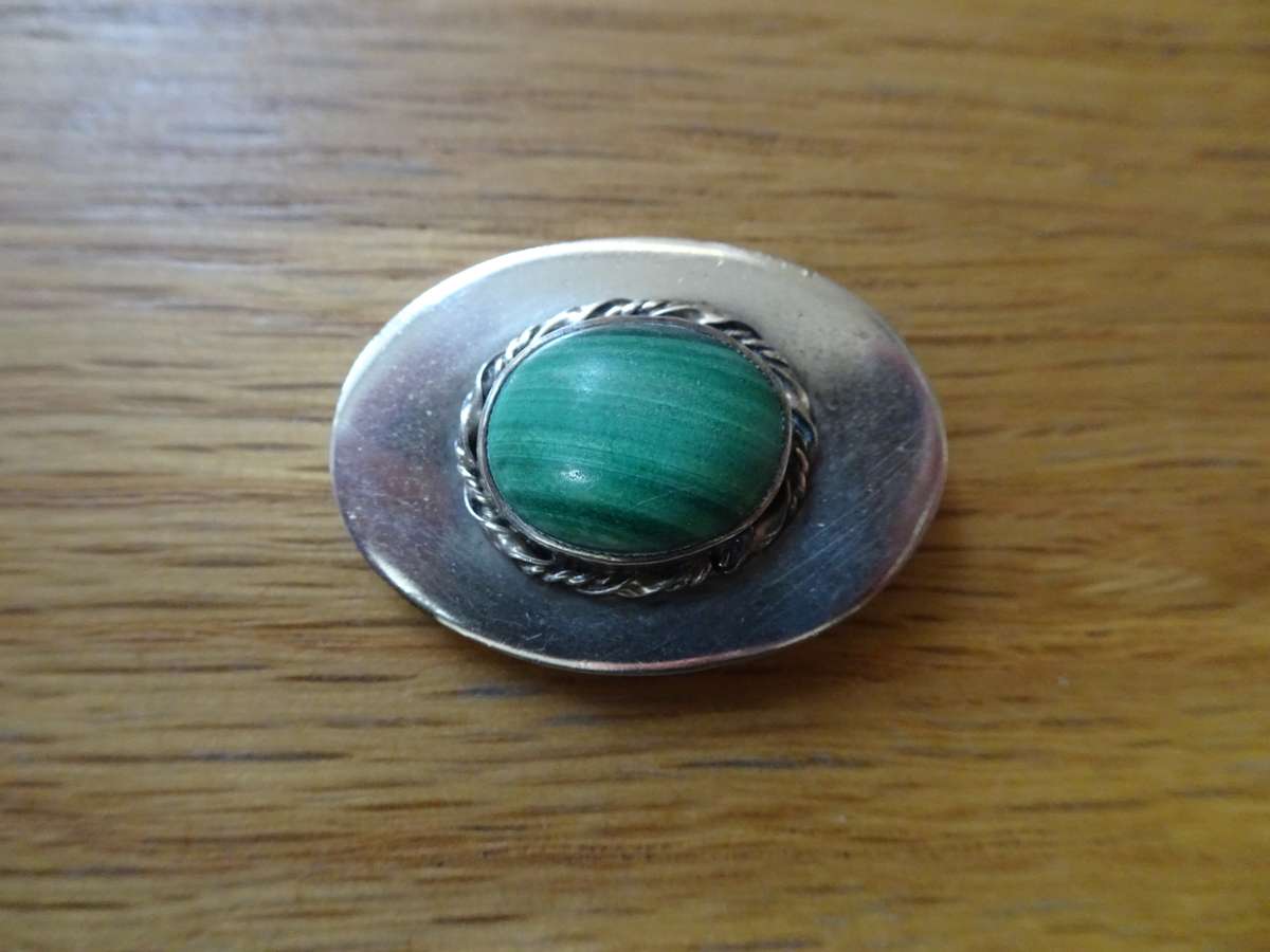 Stunning Vintage Sterling Silver Malachite Brooch - Clearly Marked Sterling Silver - 8.2 Grams