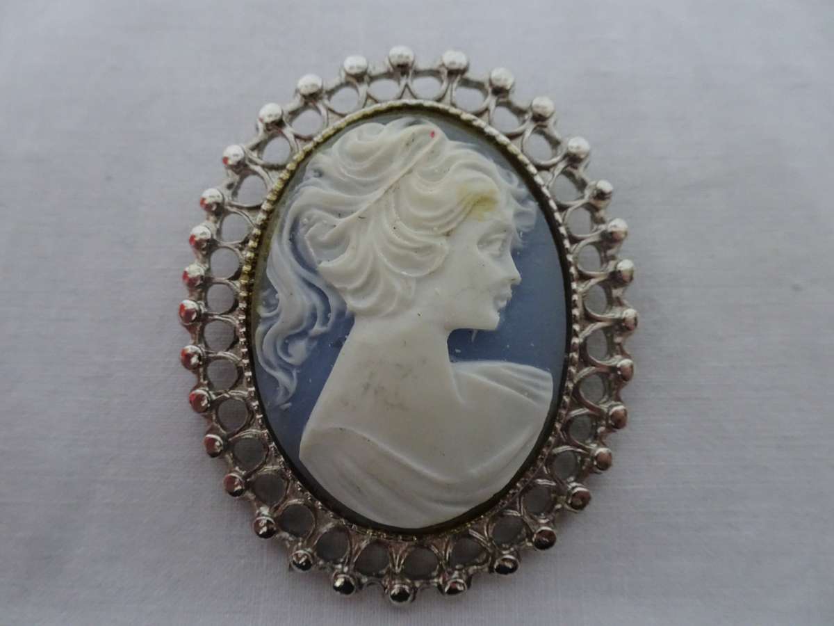 Lovely Victorian Style Brooch Pin Made with Blue Vintage Cameo And Settings - See Description