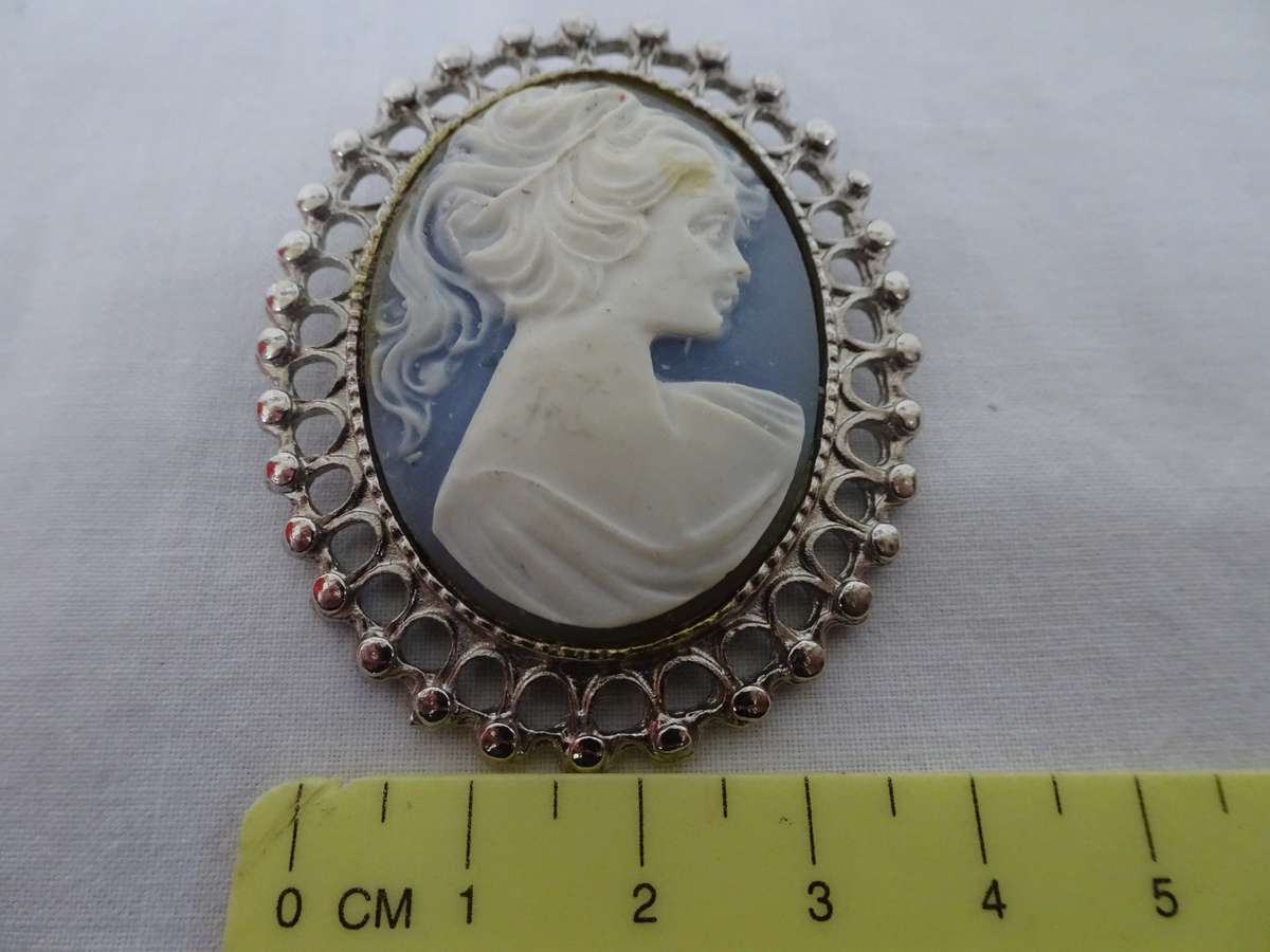 Lovely Victorian Style Brooch Pin Made with Blue Vintage Cameo And Settings - See Description