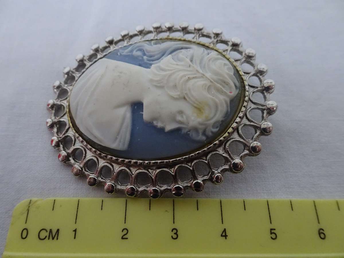 Lovely Victorian Style Brooch Pin Made with Blue Vintage Cameo And Settings - See Description