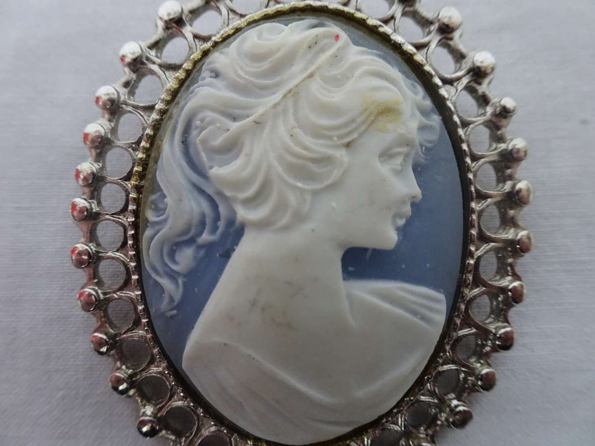 Lovely Victorian Style Brooch Pin Made with Blue Vintage Cameo And Settings - See Description