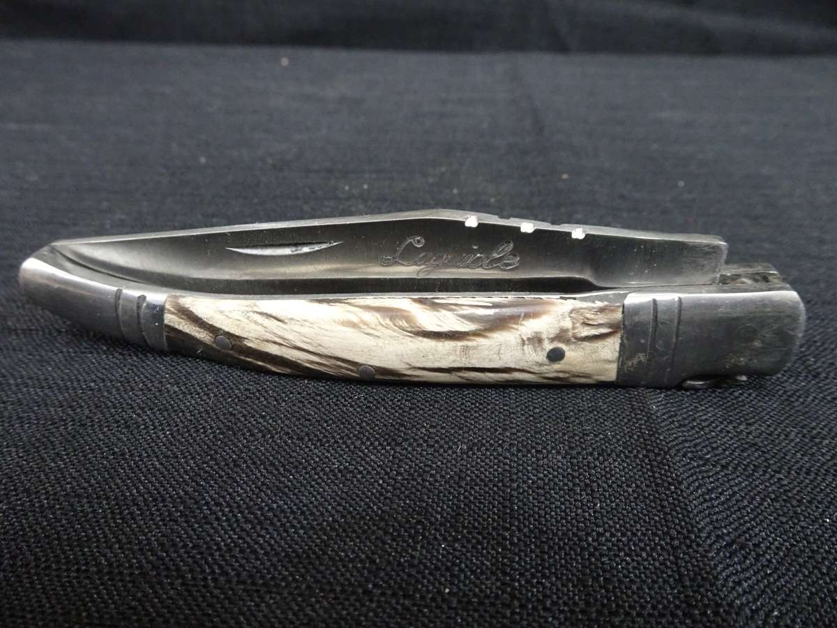 Vintage Laguiole Folding Pocket Knife With Wooden White And Black Stained Handle