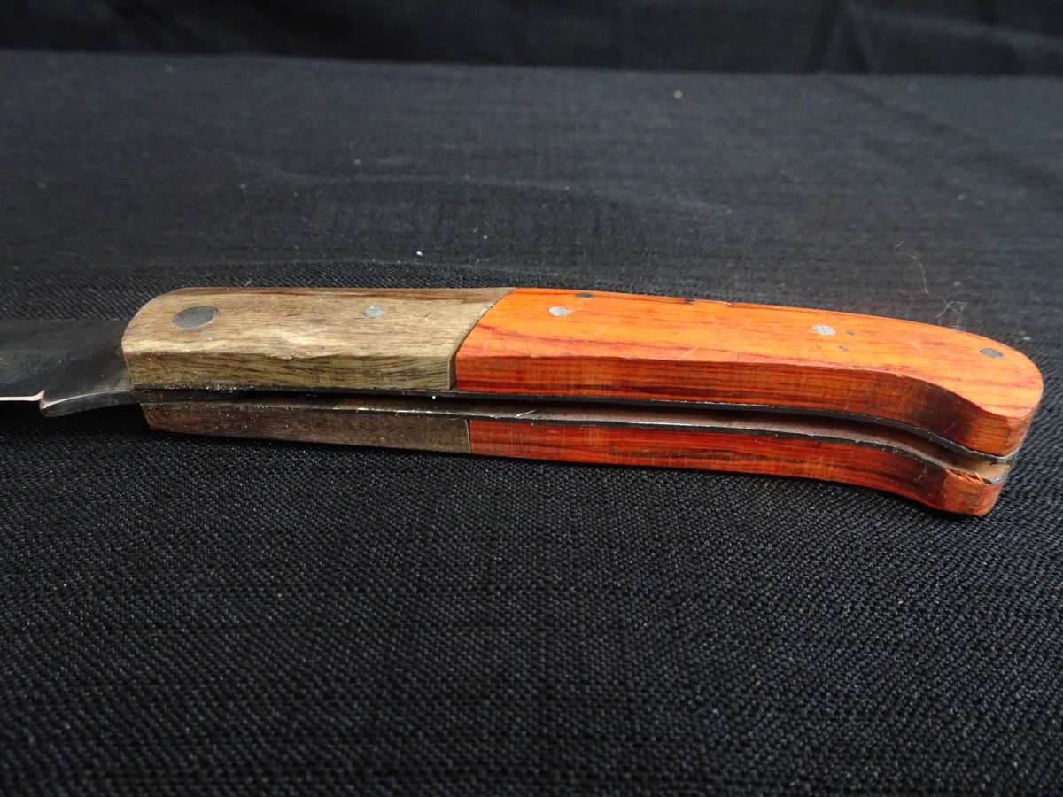 Vintage Folding Pocket Knife With Wooden Orange Stained Handle