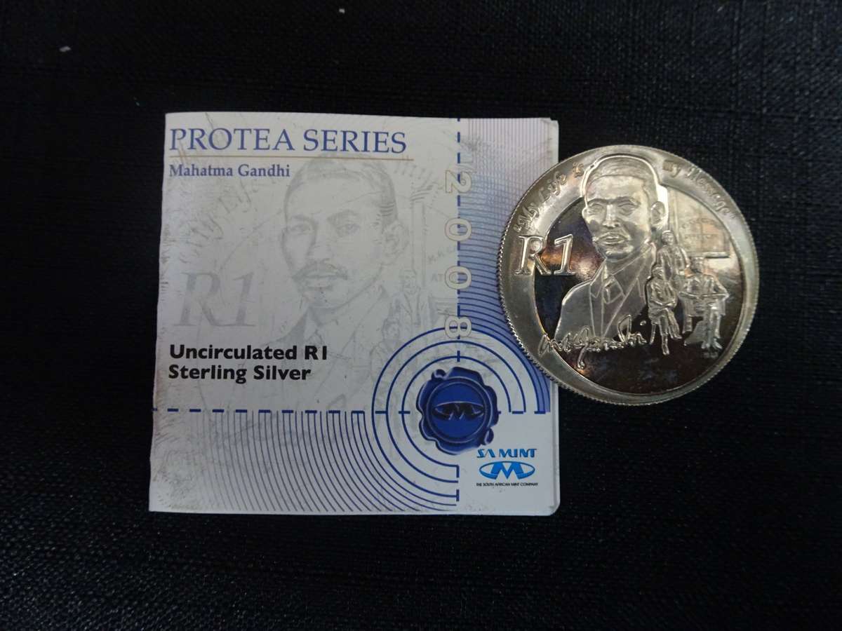 2008 South Africa Silver R1 Uncirculated Protea Series Coin (Mahatma Gandhi) - Excellent Condition
