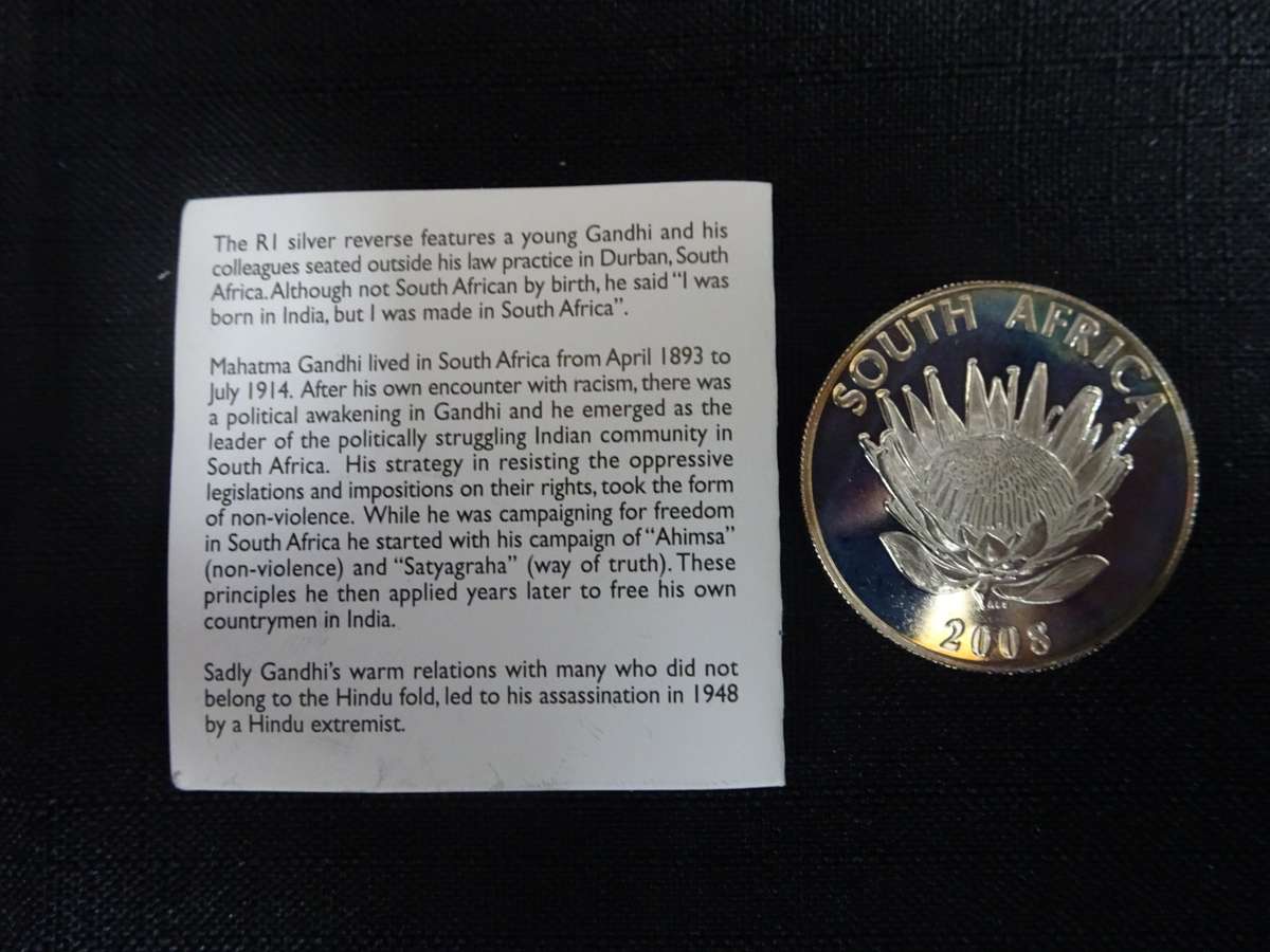 2008 South Africa Silver R1 Uncirculated Protea Series Coin (Mahatma Gandhi) - Excellent Condition