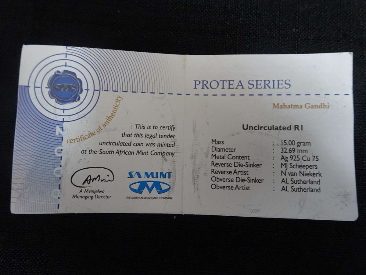 2008 South Africa Silver R1 Uncirculated Protea Series Coin (Mahatma Gandhi) - Excellent Condition