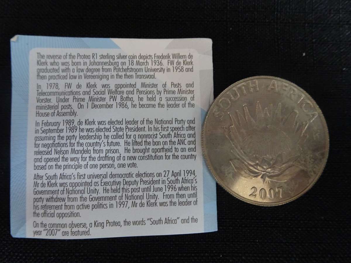 2007 South Africa Silver R1 Uncirculated Protea Series Coin (FW de Klerk) - Excellent Condition