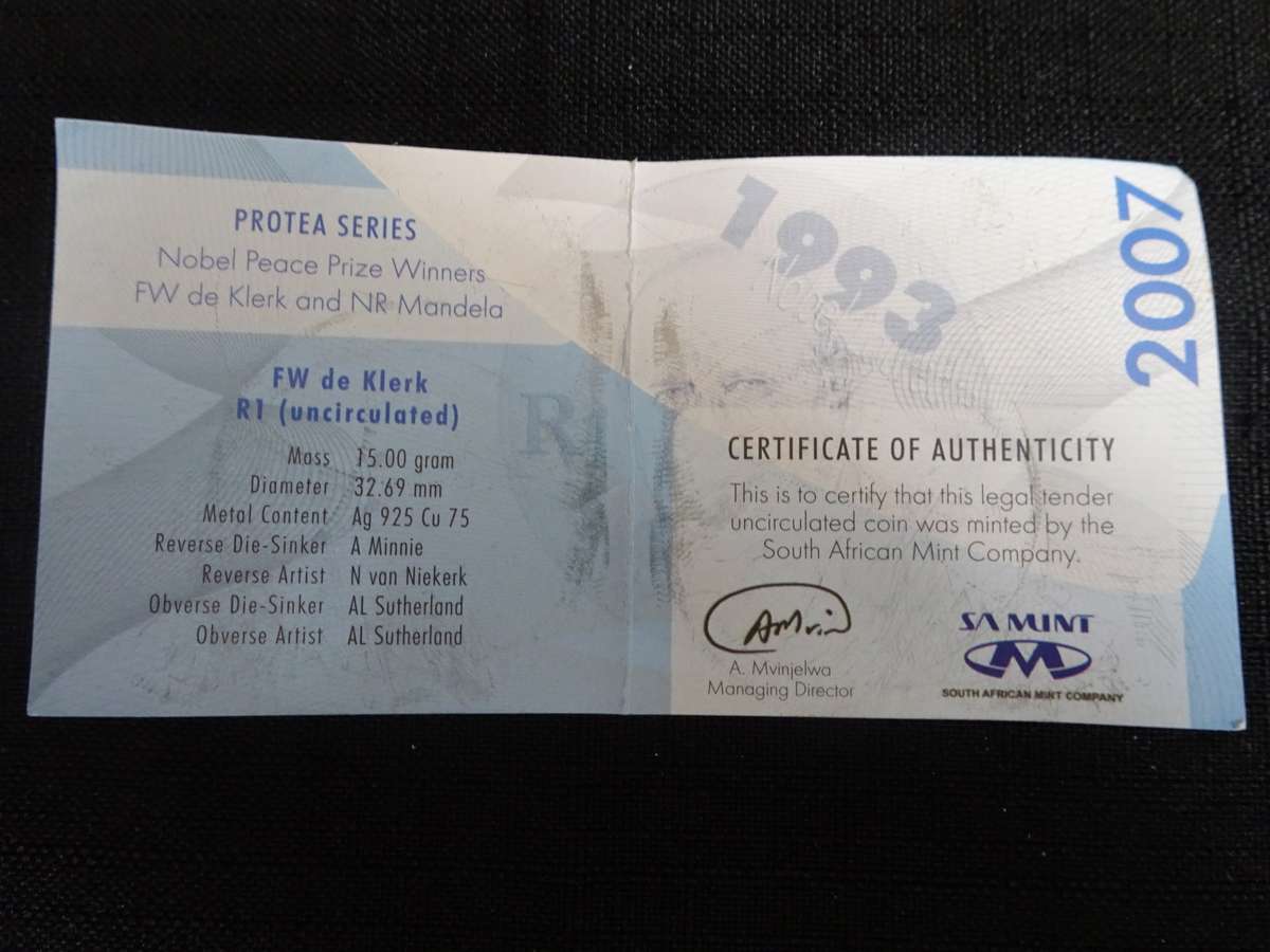 2007 South Africa Silver R1 Uncirculated Protea Series Coin (FW de Klerk) - Excellent Condition