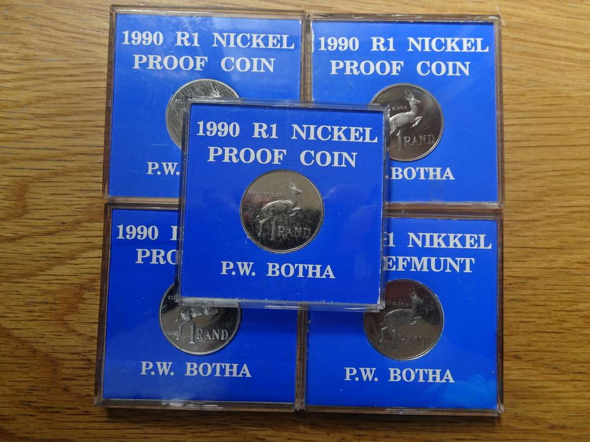 Five Sets Of 1990 R1 Nickel Proof Coins - P.W. Botha - Bidding On One - In Excellent Condition