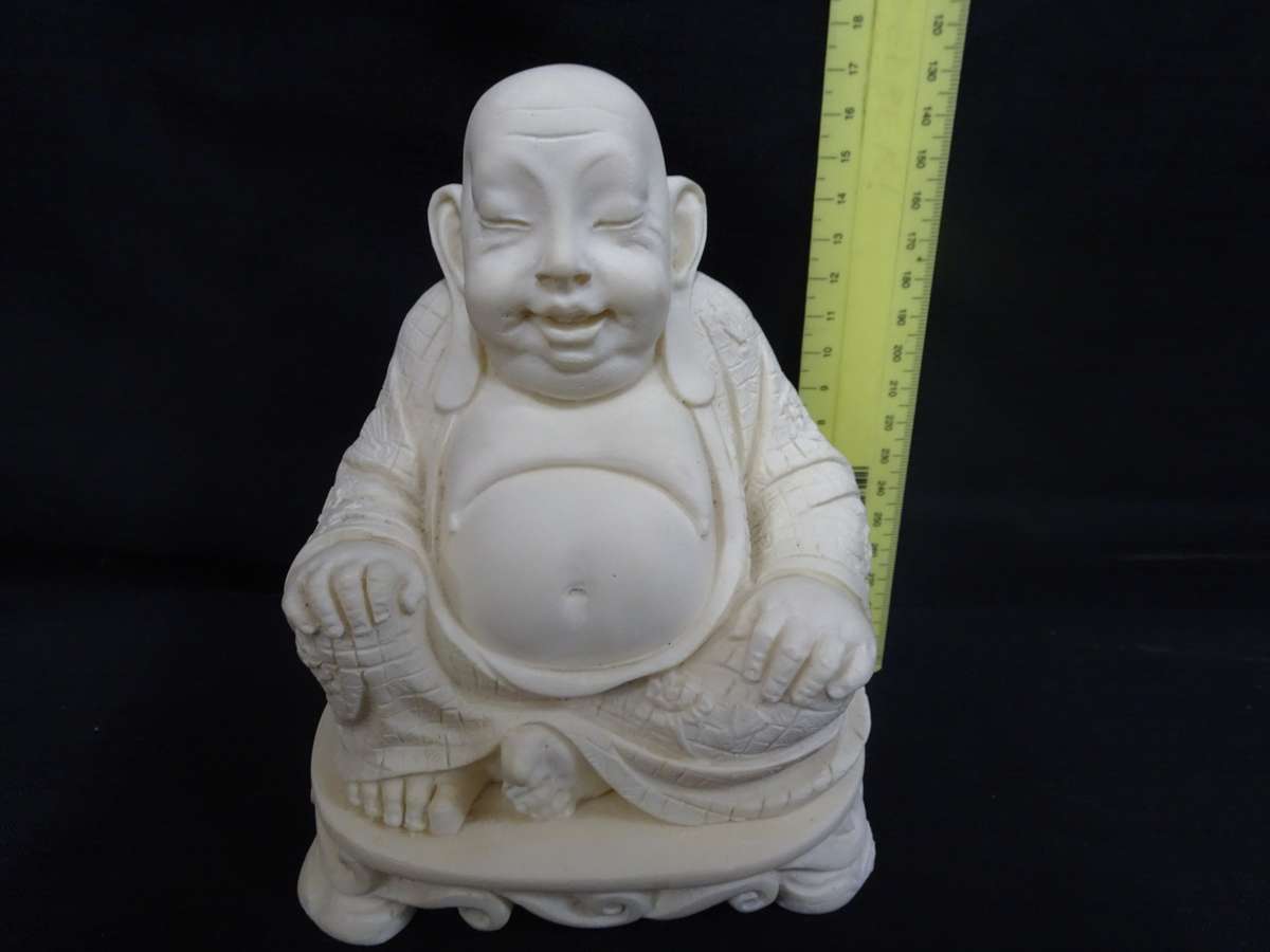 Stunning Smiling Vintage Buddha Resin Stone Antique Statue - In Good Condition