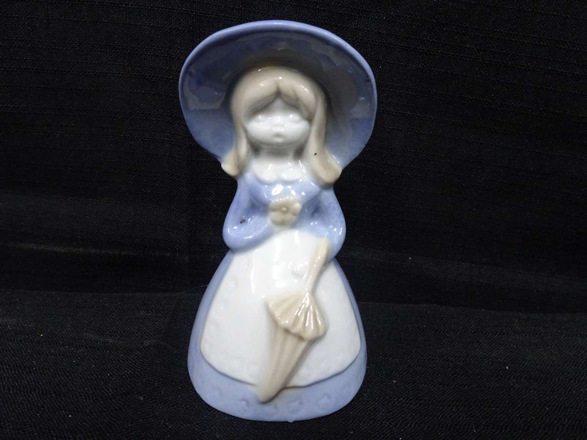 Stunning Vintage Girl Blue & White Holding A Parasol Porcelain Bell - In Good Condition