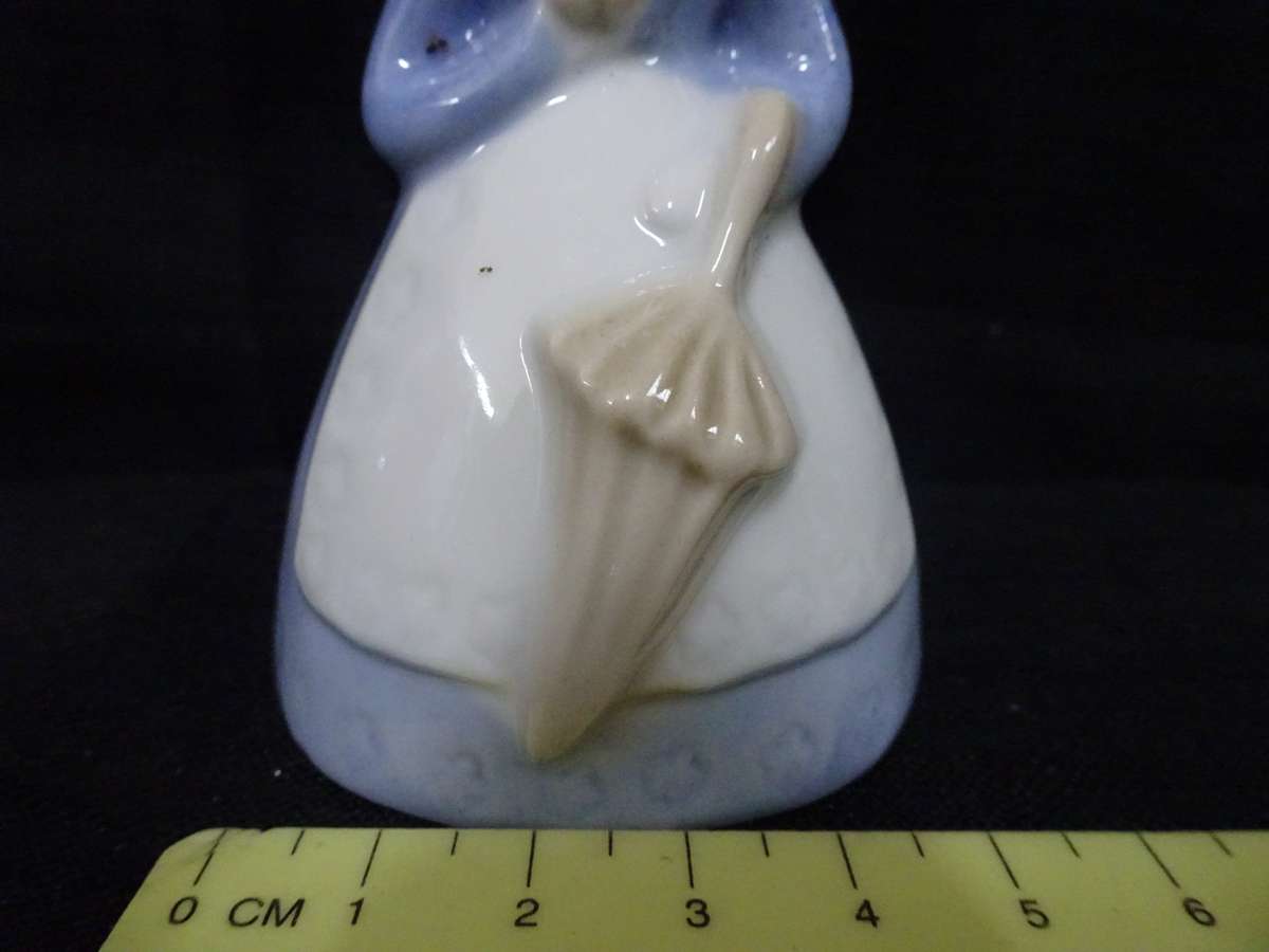 Stunning Vintage Girl Blue & White Holding A Parasol Porcelain Bell - In Good Condition