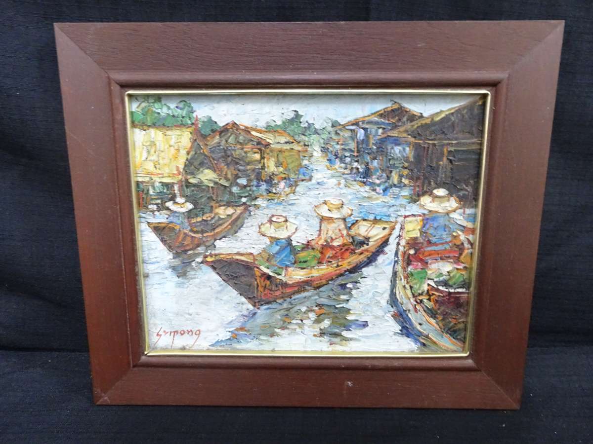 Beautiful Oil On Canvas With Floating Market Thailand Countryside - See My Description