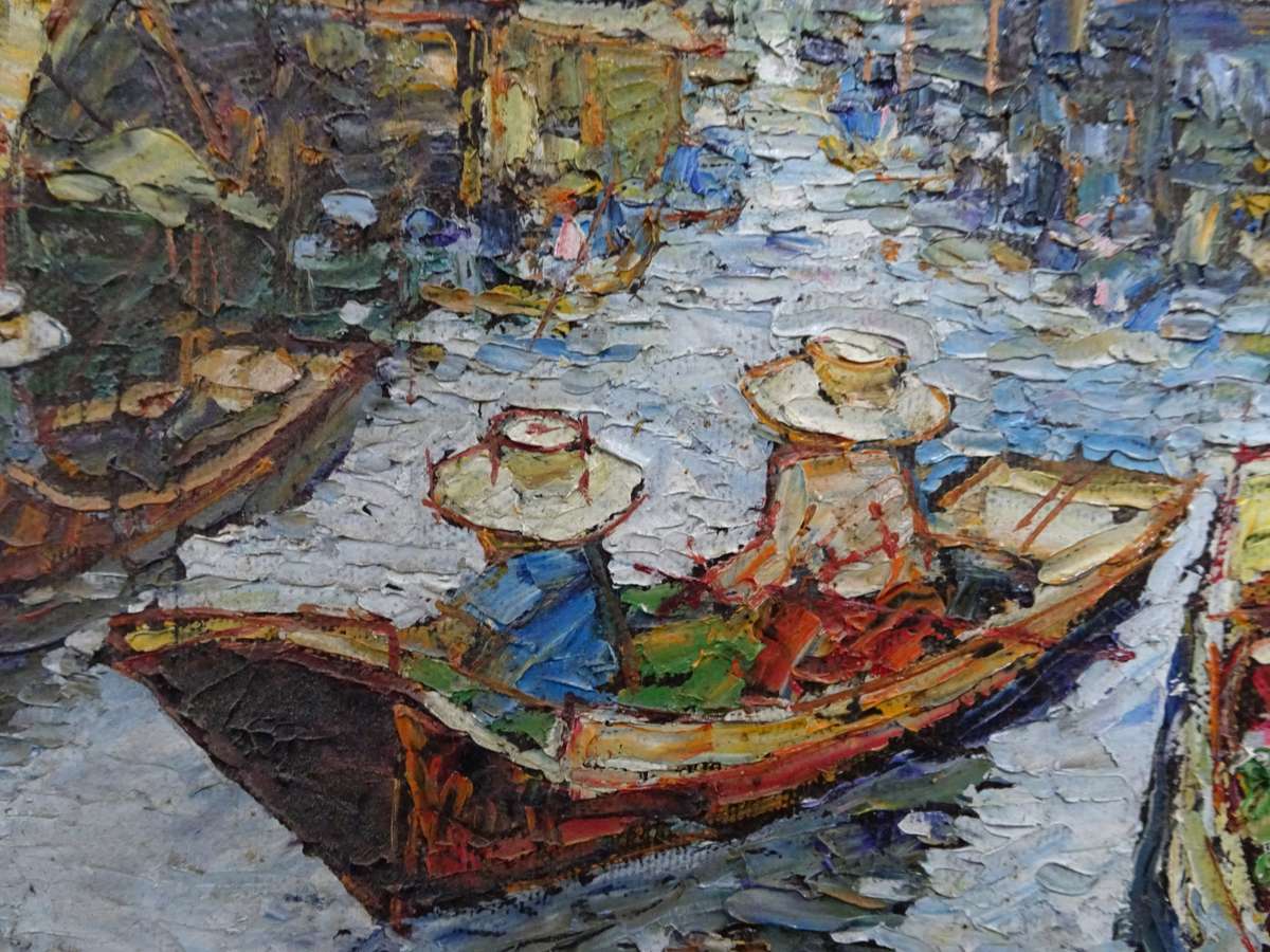 Beautiful Oil On Canvas With Floating Market Thailand Countryside - See My Description