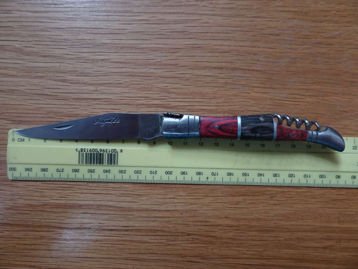 Fantastic Vintage `Laguiole` Folding Knife With Corkscrew Black And Red Stained Wood Handle