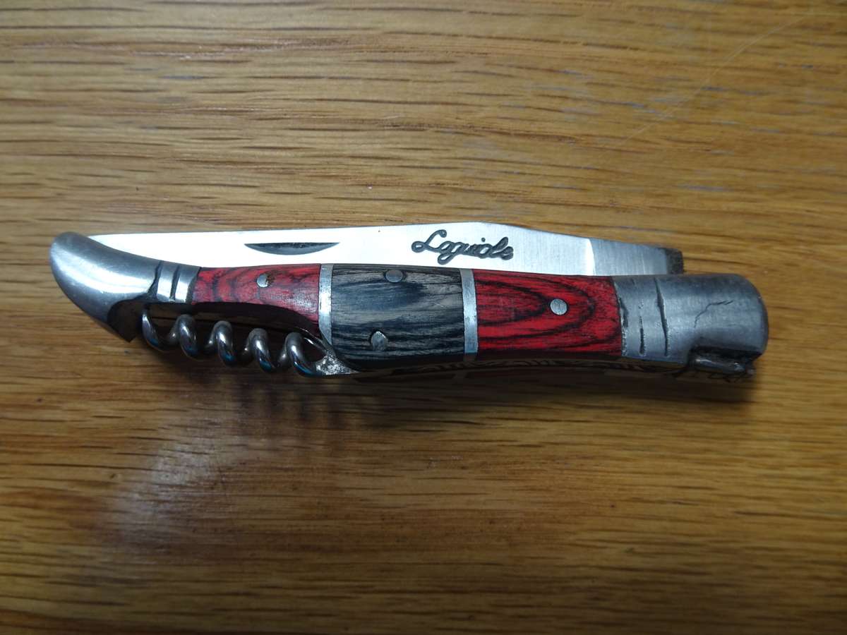 Fantastic Vintage `Laguiole` Folding Knife With Corkscrew Black And Red Stained Wood Handle