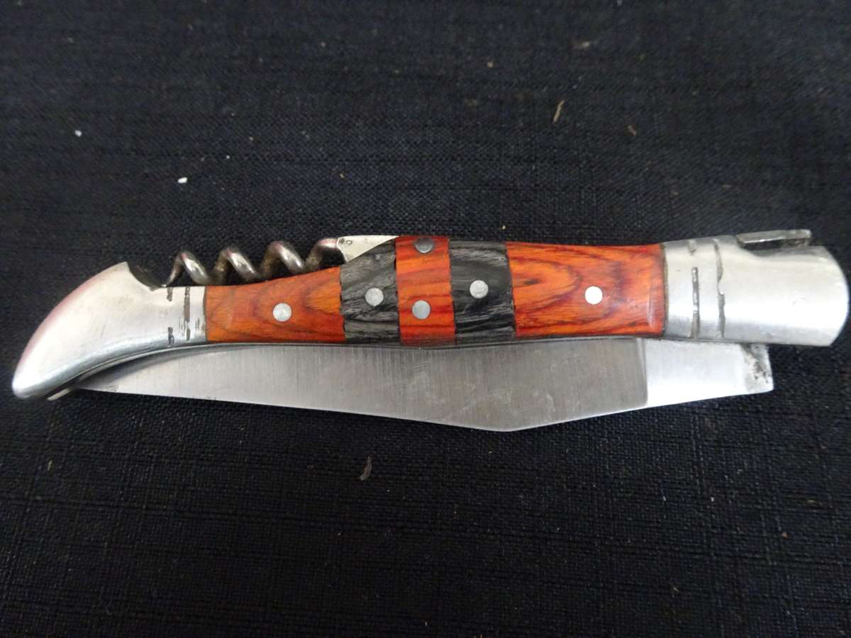 Fantastic Vintage `Laguiole` Folding Knife With Corkscrew Black And Red Stained Wood Handle
