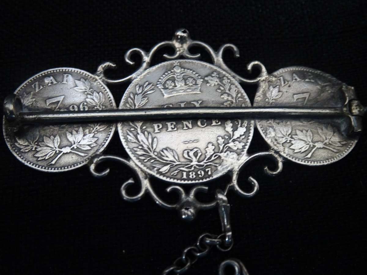 Stunning Silver POW Brooch With Two ZAR Coins,Three Pence 1896 And One British Six Pence 1897-9Grams