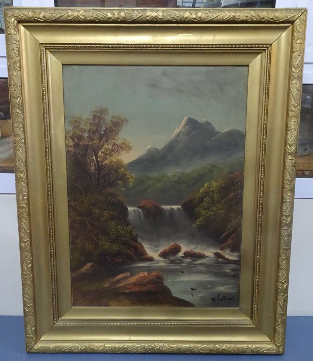 Beautiful Oil On Board River And Mountain Scene By Artist W. Collins - In Stunning Frame