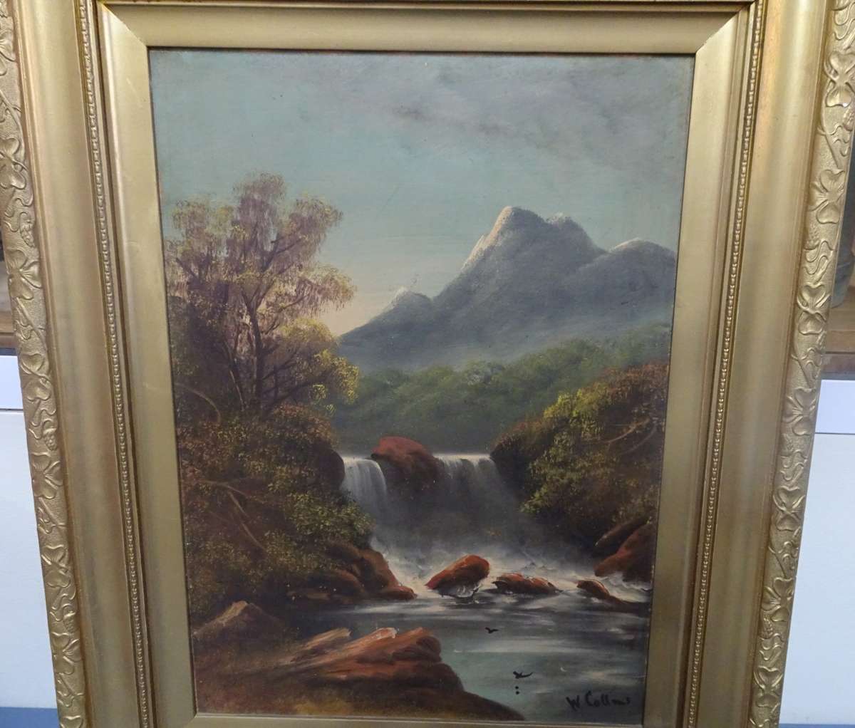 Beautiful Oil On Board River And Mountain Scene By Artist W. Collins - In Stunning Frame