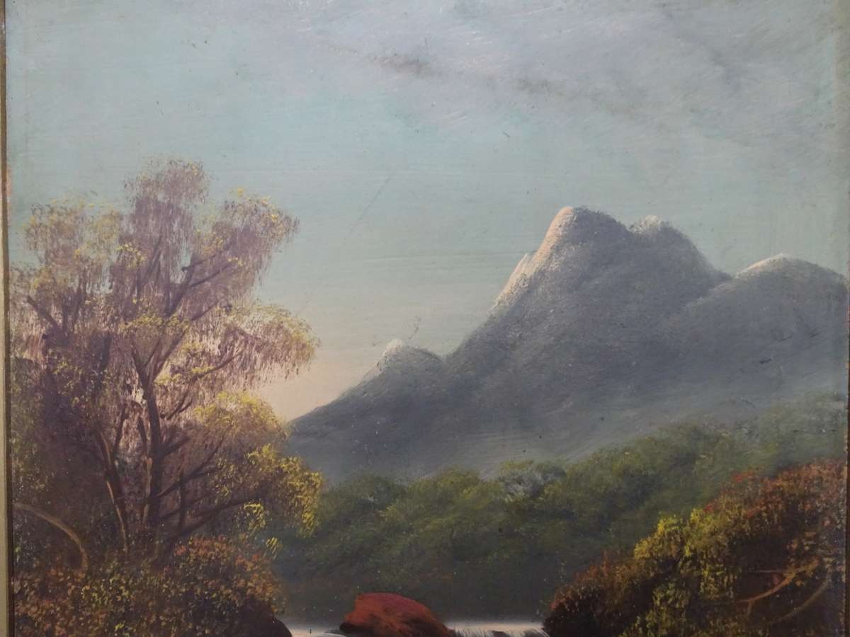 Beautiful Oil On Board River And Mountain Scene By Artist W. Collins - In Stunning Frame