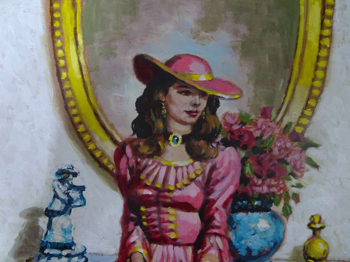 Beautiful Large Oil On Board Of a Lady In Pink By South African Artist Rinus Muller 1999