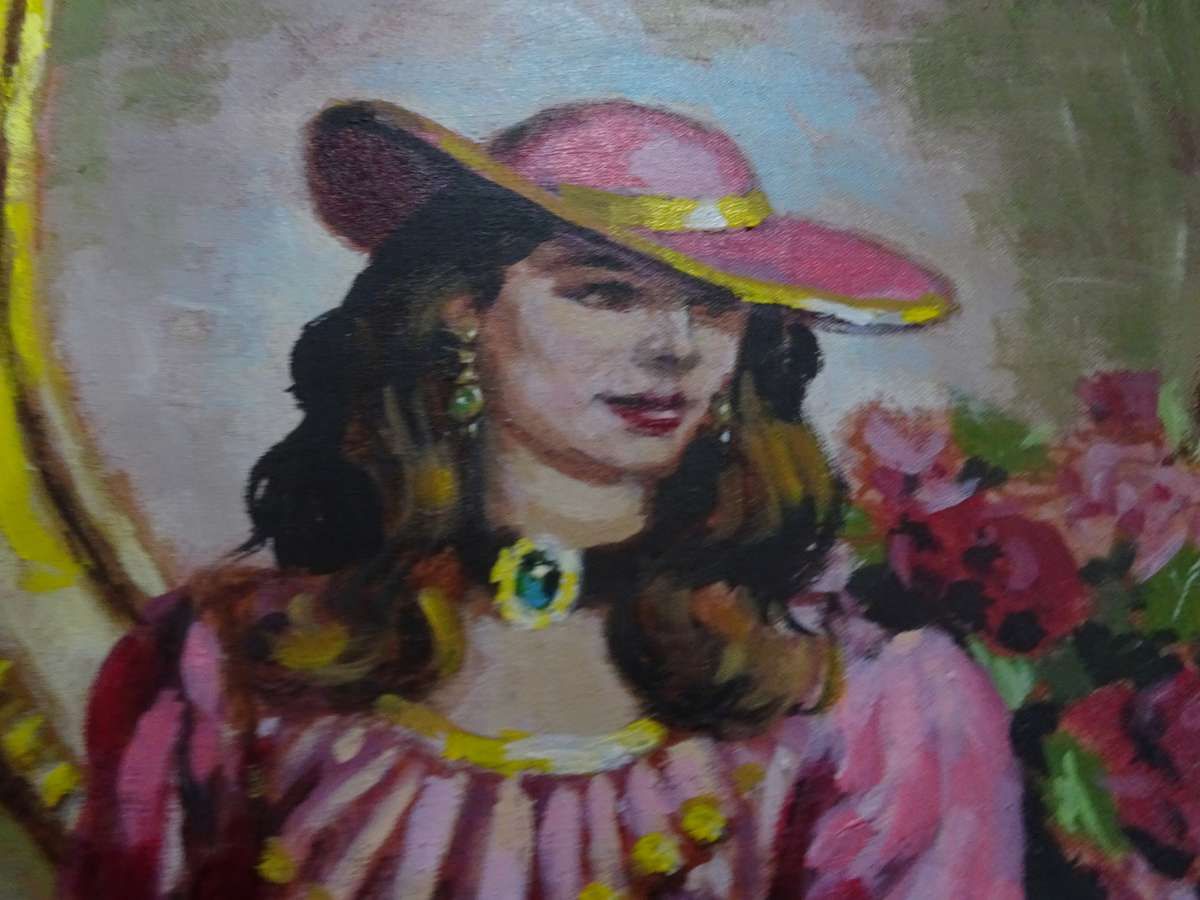 Beautiful Large Oil On Board Of a Lady In Pink By South African Artist Rinus Muller 1999