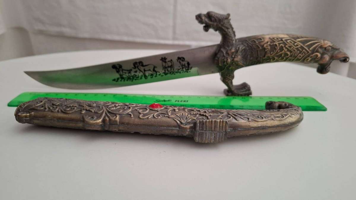 Stunning Gothic Style Dagger and Sheath with Dragon and Other Motives in Great Condition