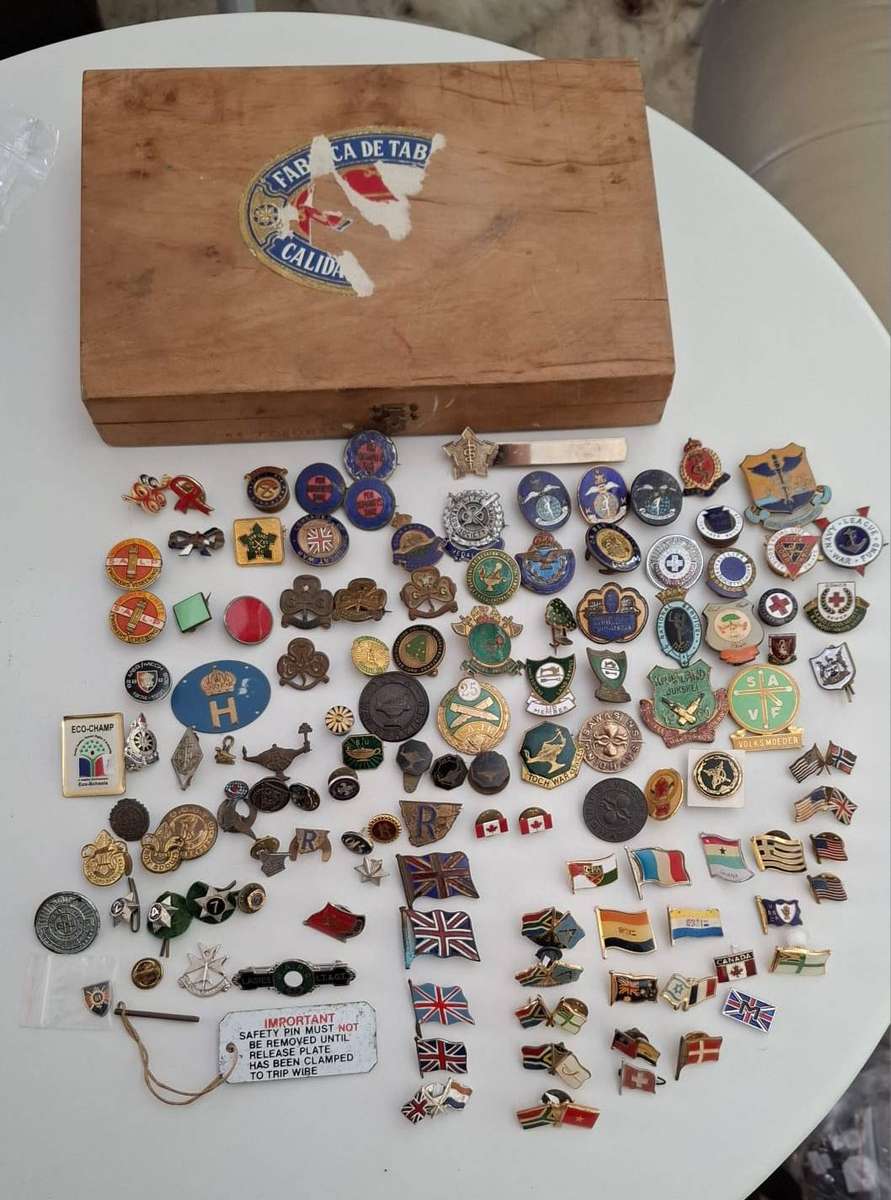 Interesting Lot of Vintage Military and Other Badges in Old Cigar Box (Bidding for the Lot)