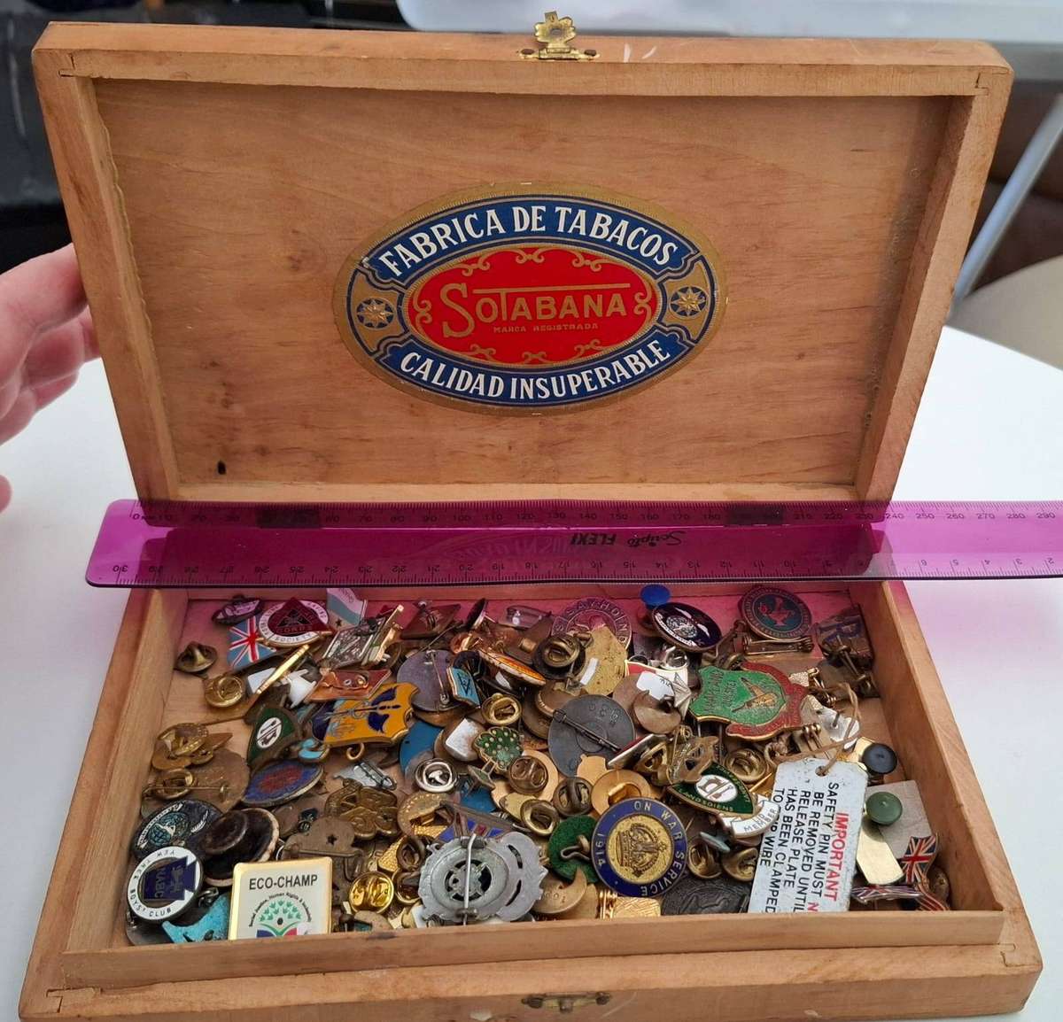 Interesting Lot of Vintage Military and Other Badges in Old Cigar Box (Bidding for the Lot)