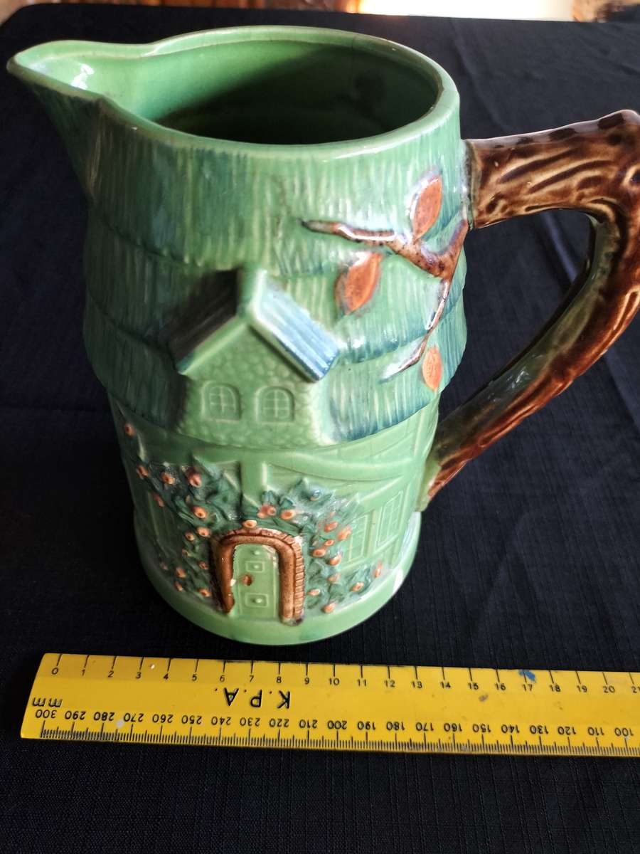 Stunning Vintage Village Cottage Green Ceramic Pitcher