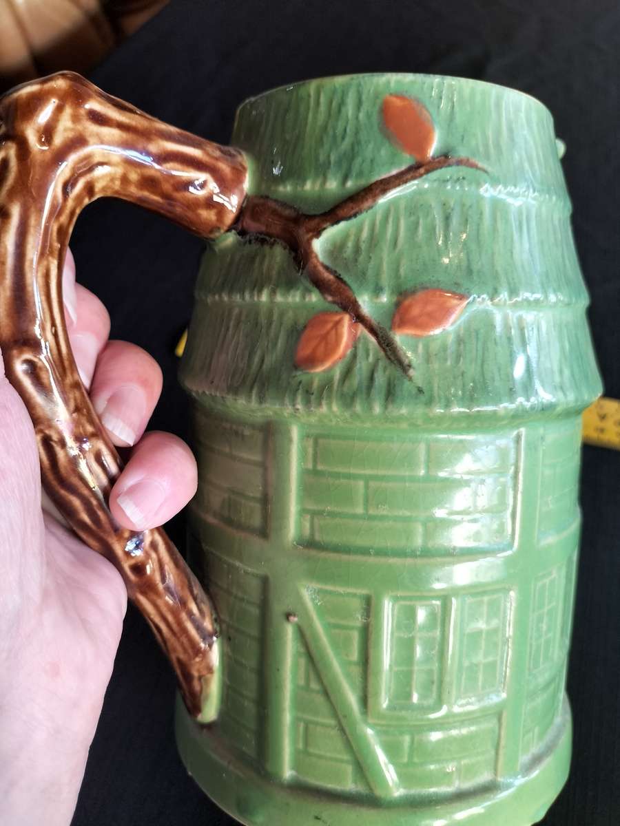 Stunning Vintage Village Cottage Green Ceramic Pitcher
