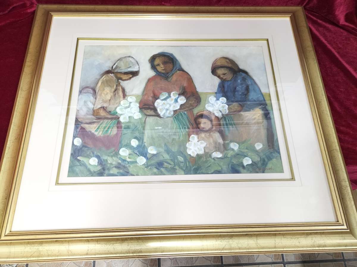 Amos Archibald Langdown Large Oil on Paper - Women Harvesting Flowers