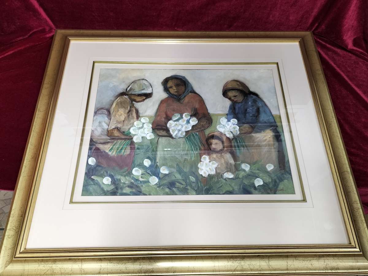 Amos Archibald Langdown Large Oil on Paper - Women Harvesting Flowers