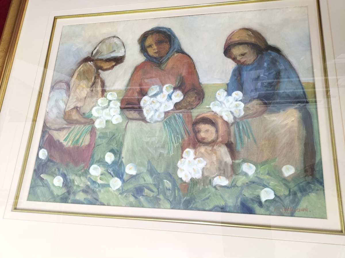 Amos Archibald Langdown Large Oil on Paper - Women Harvesting Flowers