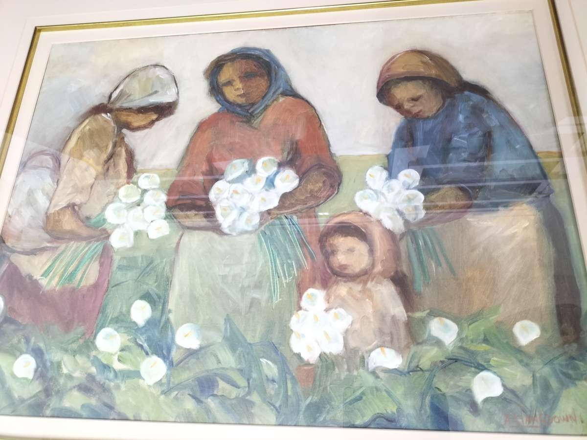 Amos Archibald Langdown Large Oil on Paper - Women Harvesting Flowers