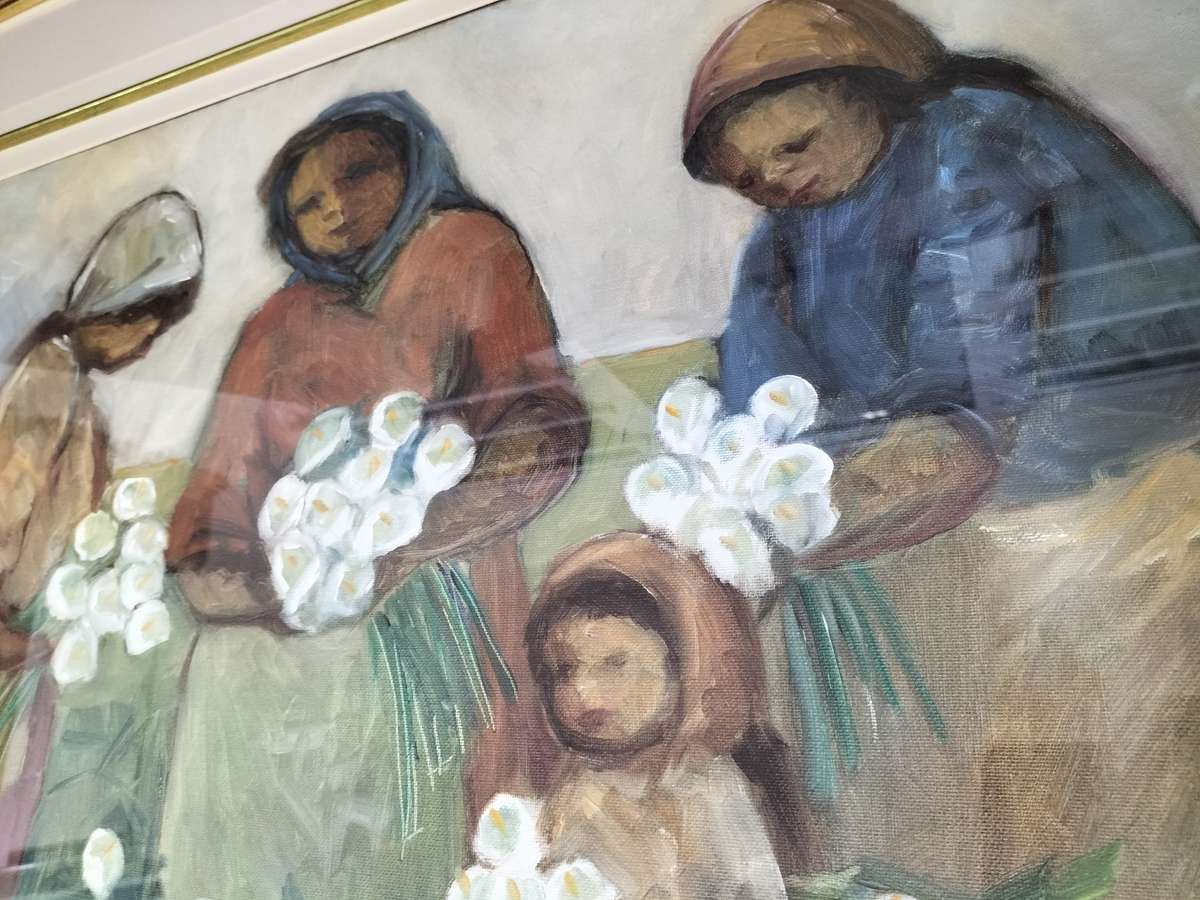 Amos Archibald Langdown Large Oil on Paper - Women Harvesting Flowers