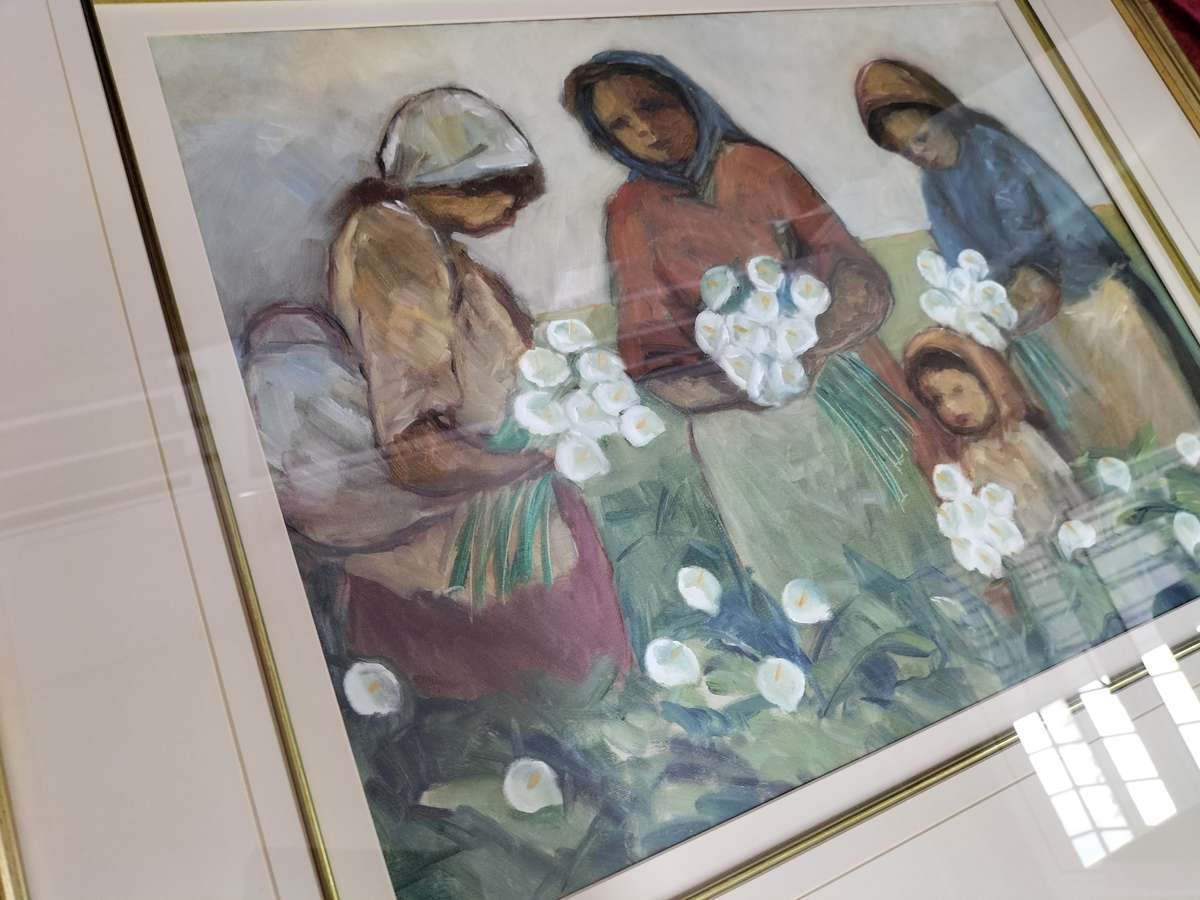 Amos Archibald Langdown Large Oil on Paper - Women Harvesting Flowers