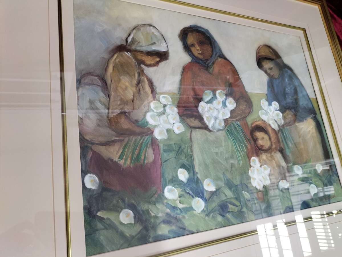 Amos Archibald Langdown Large Oil on Paper - Women Harvesting Flowers