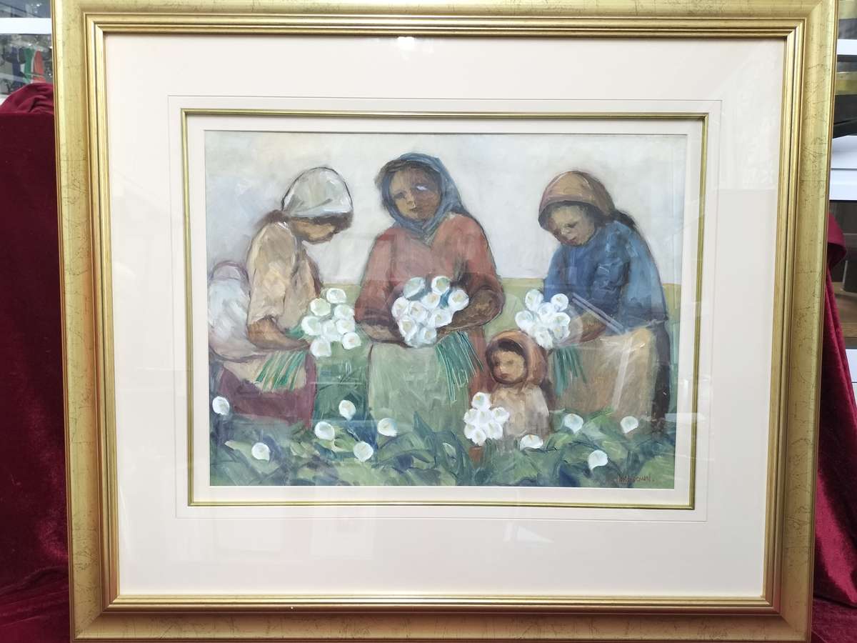 Amos Archibald Langdown Large Oil on Paper - Women Harvesting Flowers