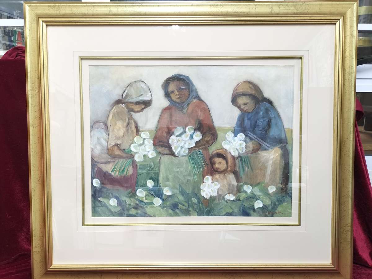 Amos Archibald Langdown Large Oil on Paper - Women Harvesting Flowers