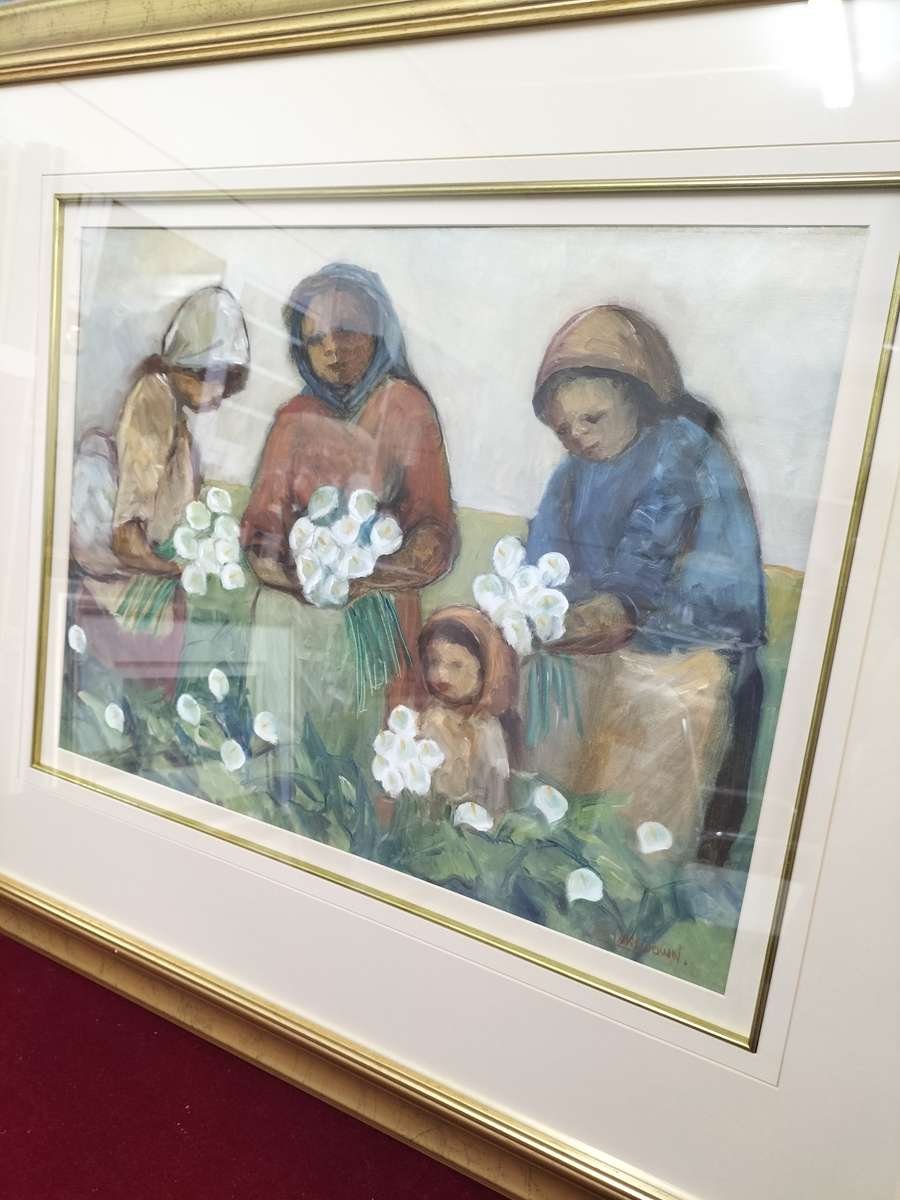 Amos Archibald Langdown Large Oil on Paper - Women Harvesting Flowers