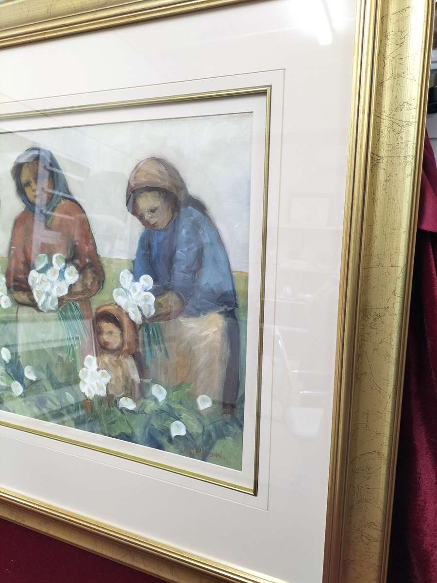 Amos Archibald Langdown Large Oil on Paper - Women Harvesting Flowers