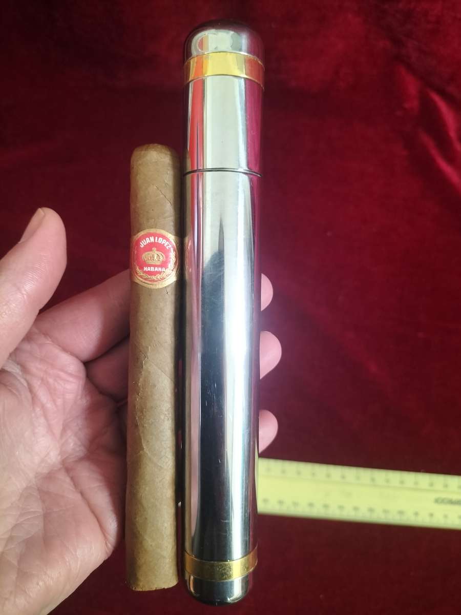 Cigar Case Tube Silver With Gold Band And Juan Lopez Habana Cigar